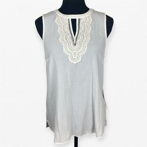 NWT Pale Sky Sheer Elegant White Lace Trim Sleeveless Top blouse M